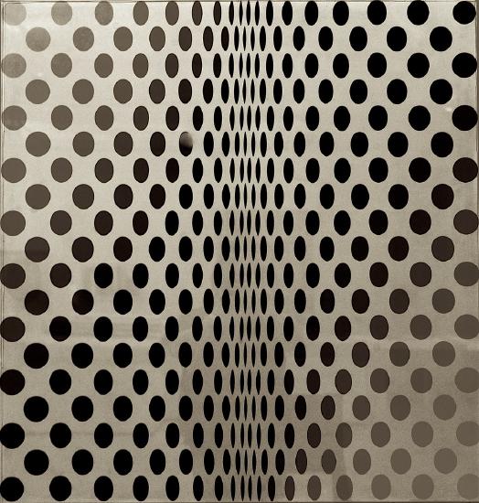 a white painting with black dots all over