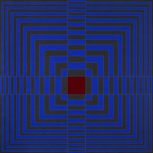 Black and blue receding lines to a red square in the center