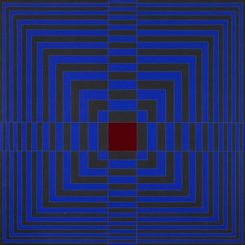 Black and blue receding lines to a red square in the center