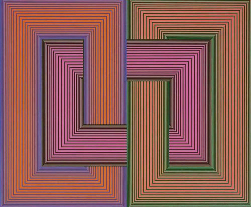 A multiple colored lined painting in rectangles