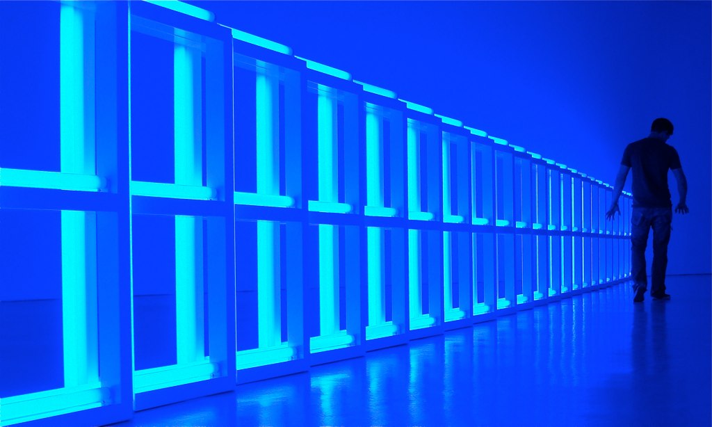 Squares covered with florescent lights that a blue 