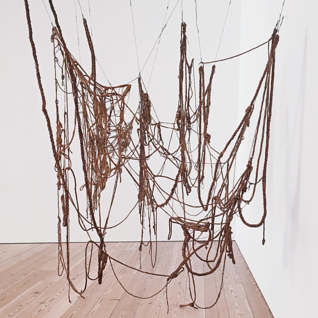 Brown ropes suspended from the ceiling tied to each other in random places