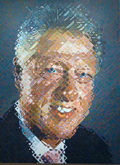 A picture of a man in a blue suit using different shapes of circles and colors