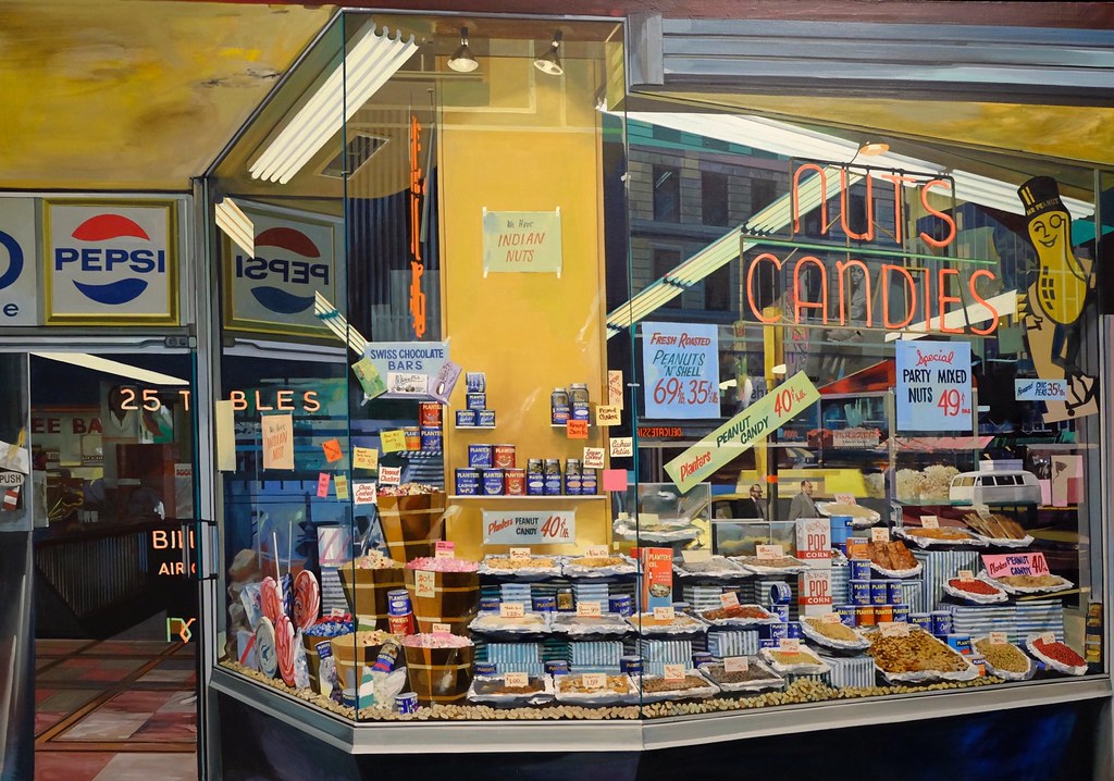 Una pintura realista de un escaparate de tienda de dulces con todo tipo de dulces en exhibición