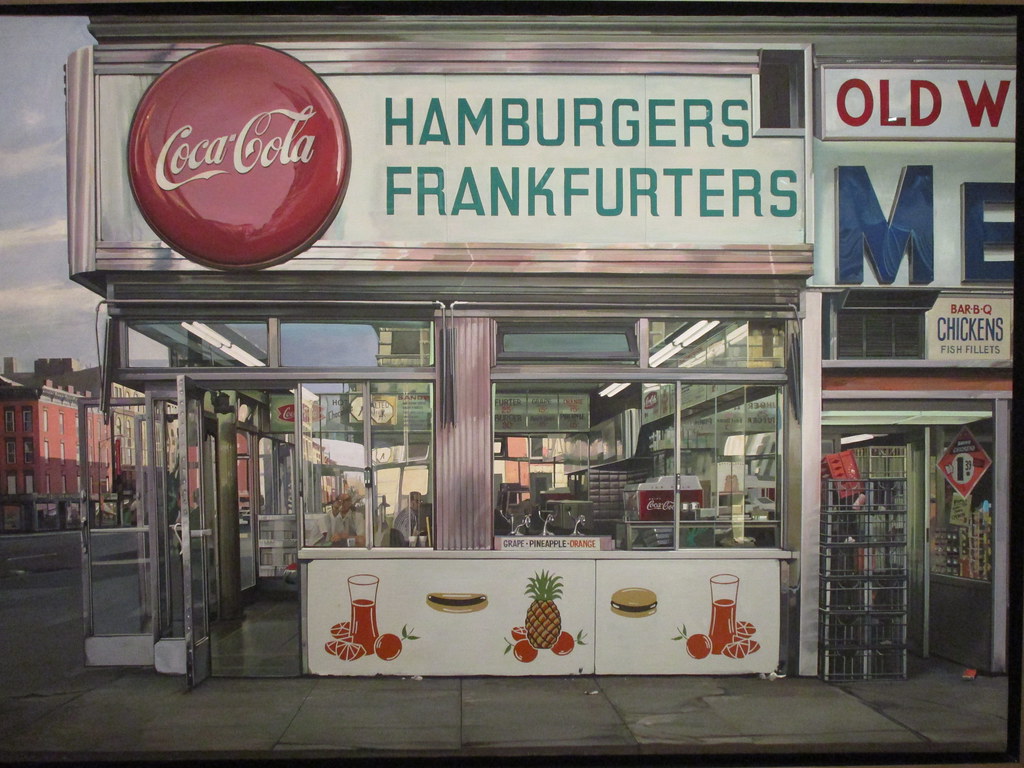 A realistic painting of a hamburger store window 