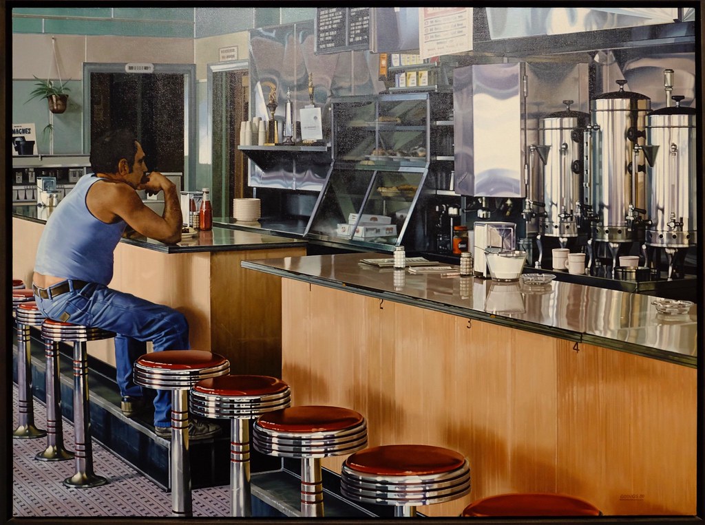 Una pintura realista de un hombre sentado en un taburete de bar en un mostrador en un restaurante
