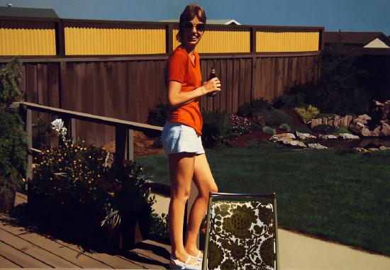 A realistic painting of a young woman wearing an orange shirt and white shorts standing in a back yard 