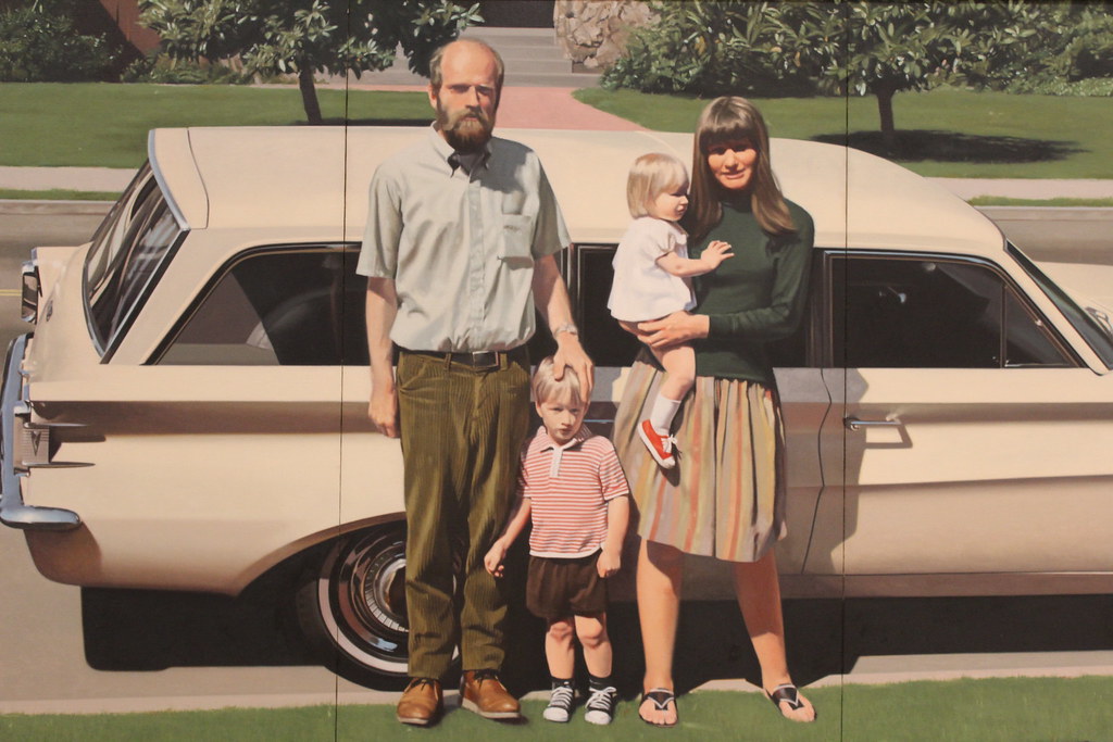 A realistic painting of a family of four in front of a white station wagon