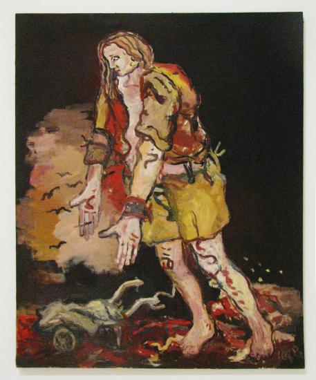 A painting of a woman dropping something dressed in yellow and red against a black background