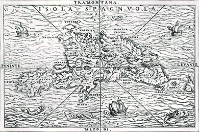 Um mapa do século XVI mostra a ilha de Hispaniola. Grandes navios e criaturas marinhas são retratados nas águas circundantes.