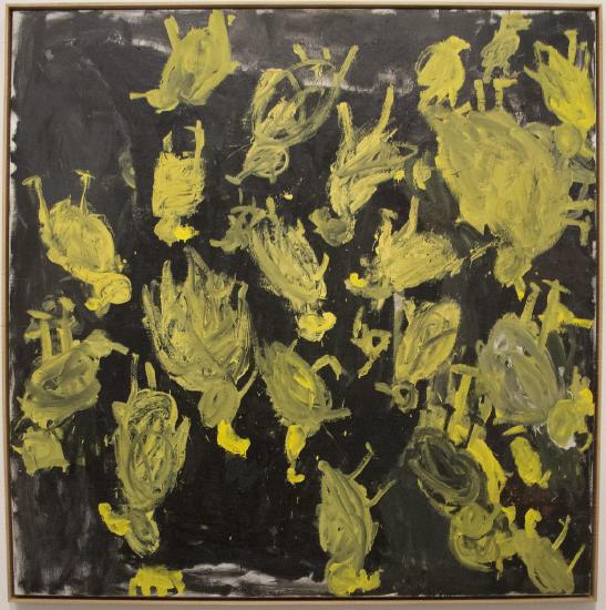 yellow birds upside down on a black background 