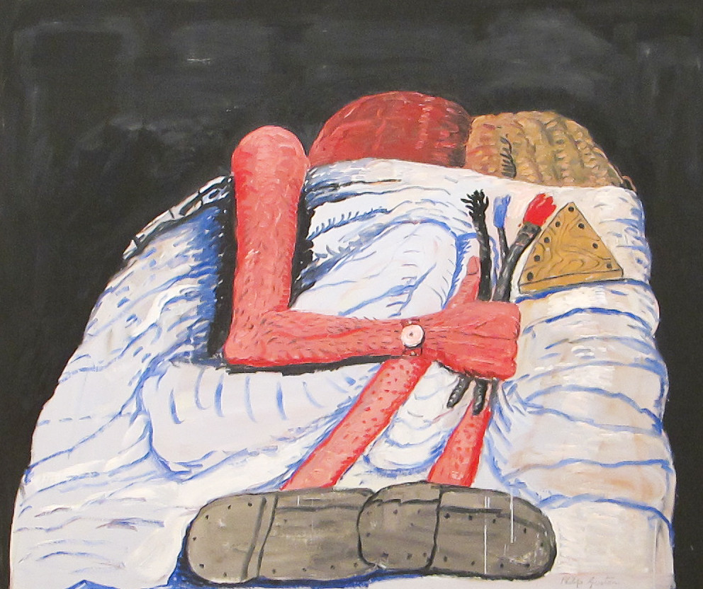 Una pareja en la cama con brazos y piernas rojas sobre sábana blanca