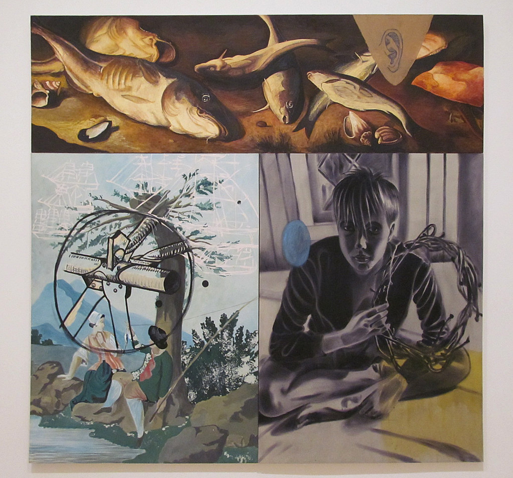 A triptych with fish on the top, a couple on the left and boy on the right