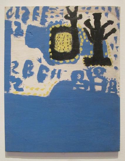 a white board with blue paint and a black tree