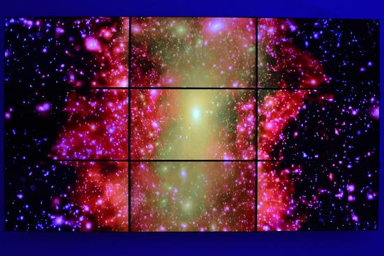 nine screens displaying colors of lights similar to a galaxy