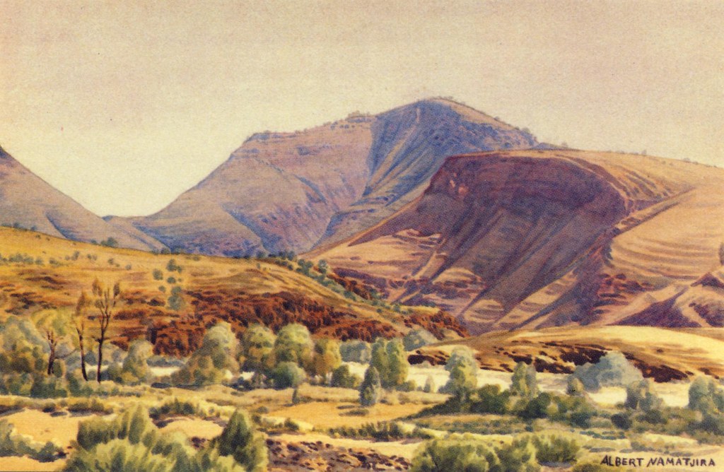 A landscape in soft pastel colors with mountains and a valley