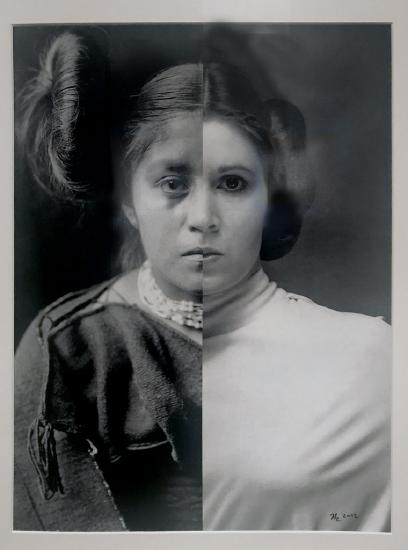 a black and white image of two women pasted together in the middle creating one