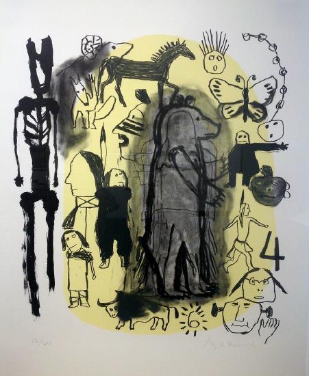 a white and yellow background with miscellaneous black drawings