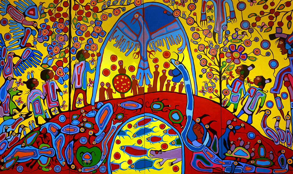 primary colors with many figures of people, animals, and birds
