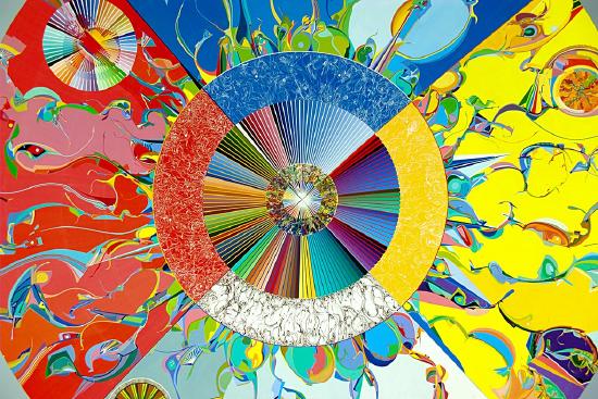 primary colors with many figures of people, animals, and birds