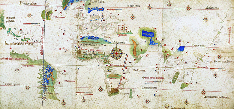 一张 1502 年的地图描绘了制图师对世界的解释。 该地图显示了葡萄牙和西班牙的勘探区域、两国在《托德西拉斯条约》下的主张以及各种动植物、人物和结构。