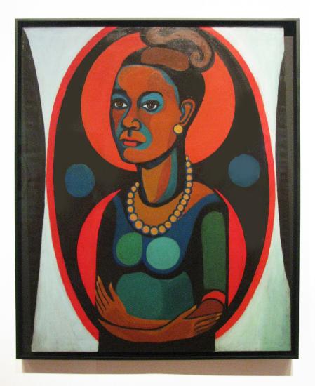 a colorful portrait of a woman in greens and reds
