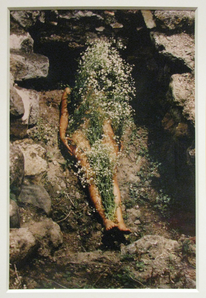 Una mujer desnuda acostada sobre rocas con malezas y flores encima de ella