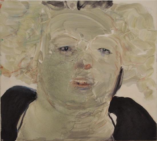 A portrait of a woman with curly hair wearing a black shirt painted with greens and whites
