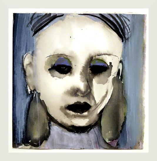 portrait of a young woman in greys with blue background