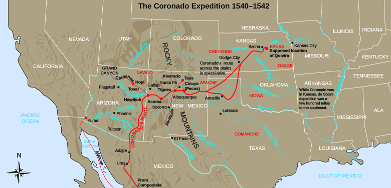 地图显示了科罗纳多穿越美国西南部和大平原的路径。 注释表明 “基维拉的假定位置” 以及 “科罗纳多穿越平原的路线是推测性的” 和 “当科罗纳多在堪萨斯州时，德索托的探险距离东南几百英里。”