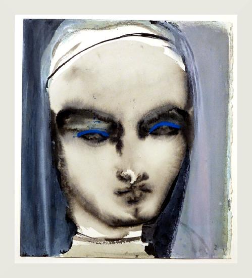 portrait of a young woman in greys with blue background