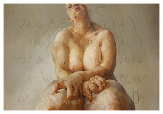 A large nude woman sitting on a chair with her hands on her legs
