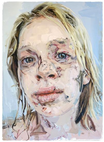 a portrait of a woman with yellow hair blue eyes and large pink lips