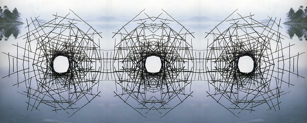 Sticks woven together and placed out in a lake to capture the reflection