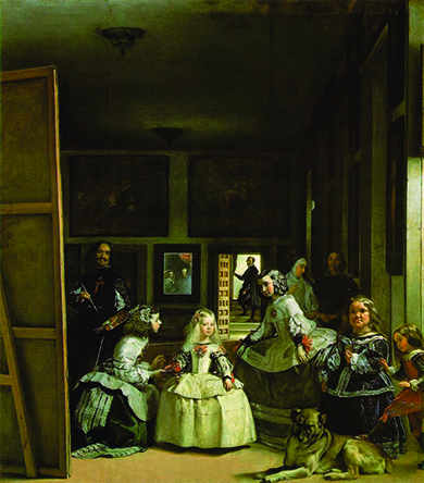 Uma pintura retrata a filha do Rei Filipe IV e da Rainha Mariana cercada por sua comitiva. Diego Velázquez fica de um lado, pintando a cena.