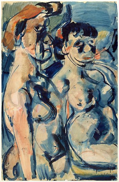 Two nude woman one standing on sitting