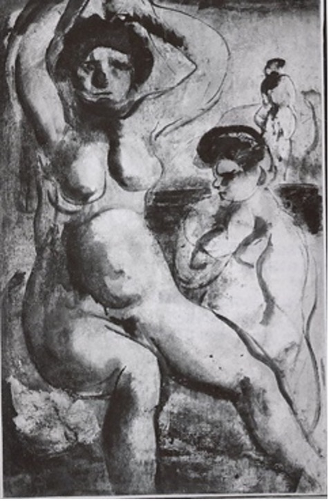 Two nude women, one sitting and one kneeling