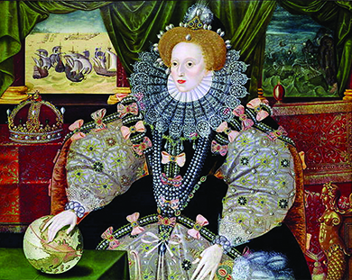 Un portrait d'Elizabeth I montre la reine en costume complet avec sa main sur un globe terrestre. Derrière elle, à travers les fenêtres, des scènes de la défaite de l'Armada espagnole sont visibles.