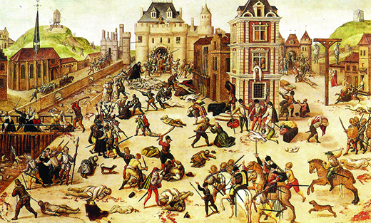 Une peinture montre des troupes catholiques françaises massacrant des calvinistes protestants français dans les rues de Paris.