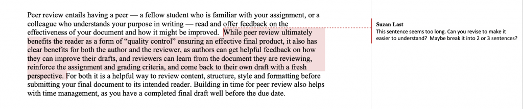 Example of feedback that uses the "insert comments" function in MS Word.