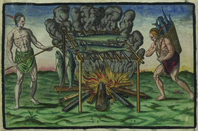 一幅版画描绘了两个来自新世界的当地人在煮鱼，它们躺在建在火炉上的木架上。