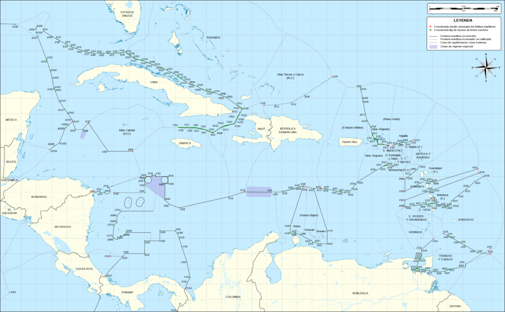 Un mapa del Mar Caribe que muestra las islas con sus nombres y también muestra las fronteras marítimas de cada isla.