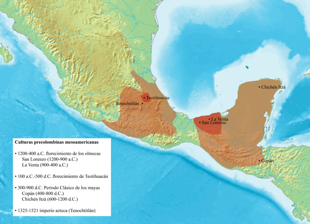 Mapa que muestra las cuatro culturas precolombinas estudiadas en este capítulo: los olmecas (San Lorenzo 1200 a 900 a.C. y La Venta , 900 a 400 a.C.) en la costa del Golfo de México; los teotihuacanos (Teotihuacán, 100 a.C. a 500 d.C.) en el centro de México; los mayas (Copán, 400 a 800 d.C., y Chichén Itzá, 600 a 1200 d.C.) en el sur de México, Yucatán y Guatemala; y los aztecas (Tenochtitlán, 1325 a 1521 d.C.) en el centro de México.