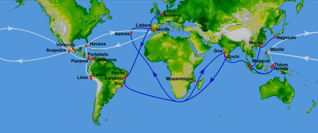 Mapa que muestra las rutas de comercio de los españoles (en blanco) y los portugueses (en azul) en la época colonial.