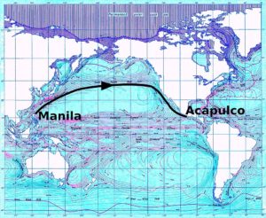 mapa del Océano Pacífico con flechas mostrando las corrientes típicas, y una línea marcando la ruta del "tornaviaje" entre Manila y Acapulco