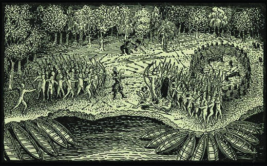 Une gravure représente Samuel de Champlain combattant aux côtés des Hurons et des Algonquins contre les Iroquois. Champlain se tient au milieu de la bataille et tire avec un pistolet, tandis que les Indiens qui l'entourent se lancent des flèches.
