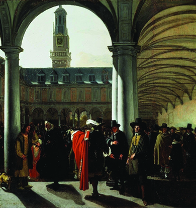 Una pintura muestra a una multitud de comerciantes y corredores del siglo XVII reunidos en el patio de la Bolsa de Ámsterdam, un gran edificio con columnas y arcos.