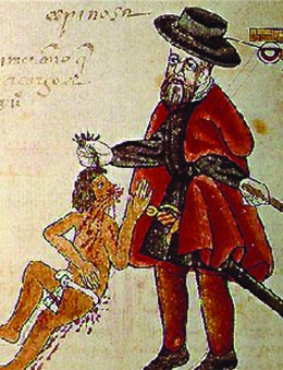 一幅画描绘了一个西班牙人戴着胡须和欧洲服装，拿着棍子或剑，拉着一个身穿缠腰布、脸上和身体上流着血液的小得多的印度人的头发。