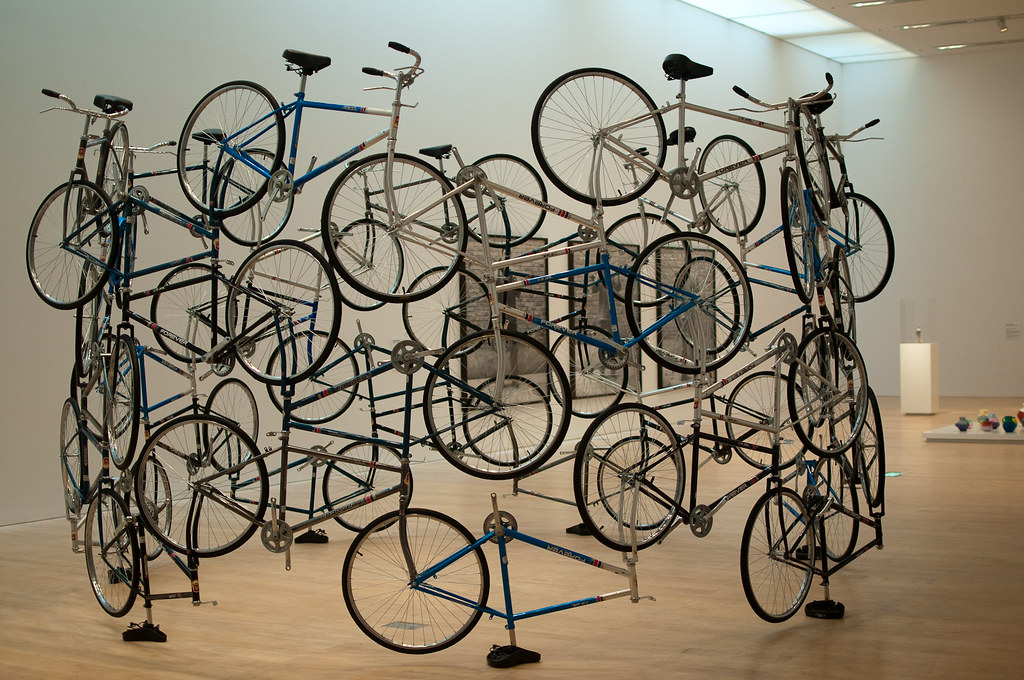 parts of bicycles welded together into a sculpture