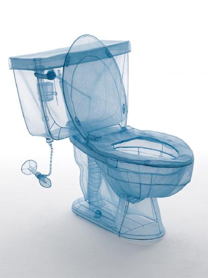 a blue toilet made of wire and fabric